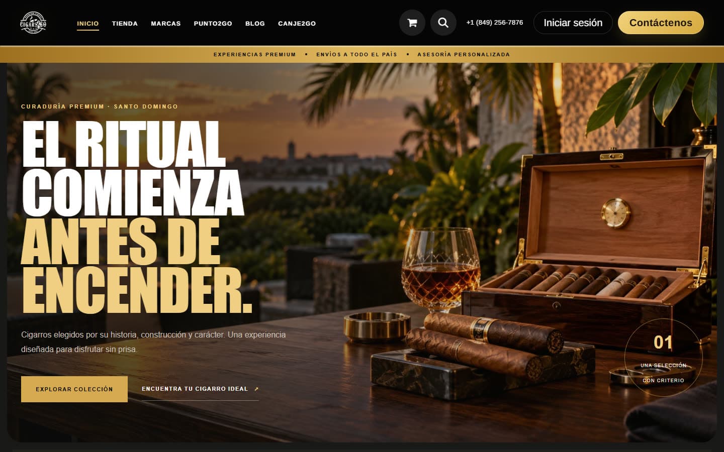 Portada de la web de Cigars2Go: humidor con cigarros y el título El ritual comienza antes de encender